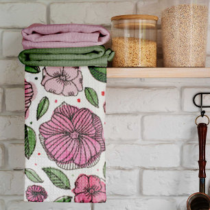 Blume in Aquarell und Tinte - Rosa und Grün Geschirrtuch
