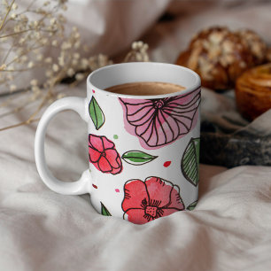 Blume in Aquarell und Tinte - Rosa und Grün Kaffeetasse