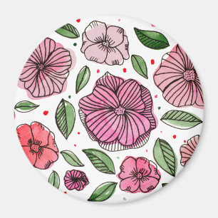 Blume in Aquarell und Tinte - Rosa und Grün Magnet