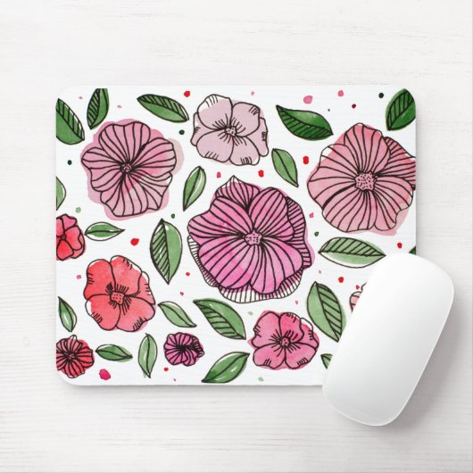 Blume in Aquarell und Tinte - Rosa und Grün Mousepad (Mit Mouse)