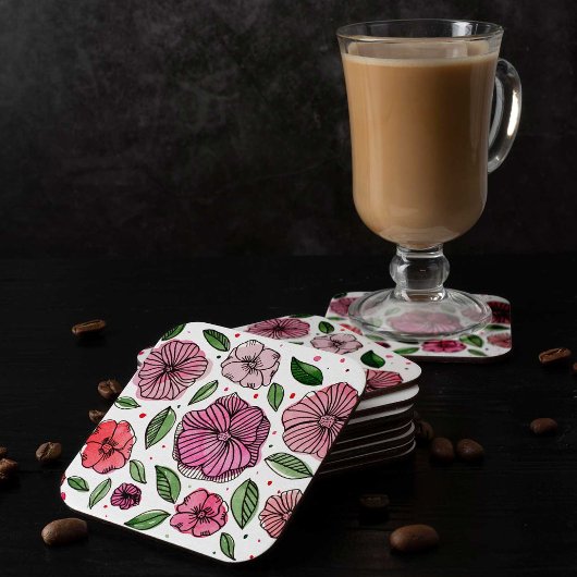 Blume in Aquarell und Tinte - Rosa und Grün Rechteckiger Pappuntersetzer