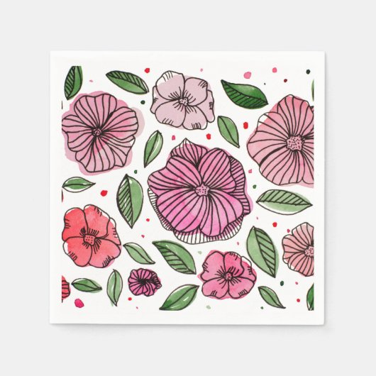 Blume in Aquarell und Tinte - Rosa und Grün Serviette (Vorderseite)