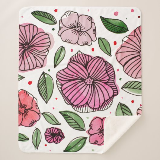 Blume in Aquarell und Tinte - Rosa und Grün Sherpadecke (Vorderseite)