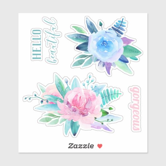 Blume in Aquarellblau und Rosa. blumenreich Aufkleber (Blatt)