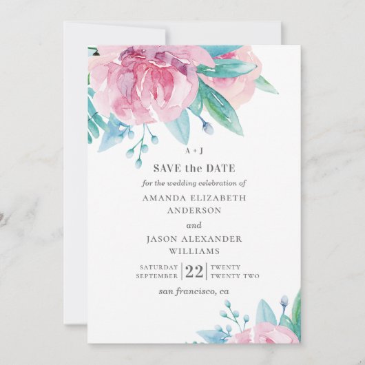 Blume in Aquarellfarbe. Blütenhochzeit Save The Date (Vorderseite)