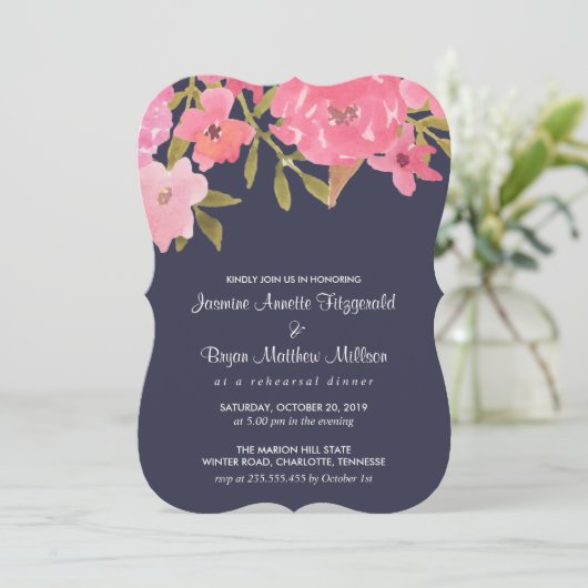 Blume in Aquarellfarbe Hochzeit Probe Abendessen Einladung (Stehend Vorderseite)