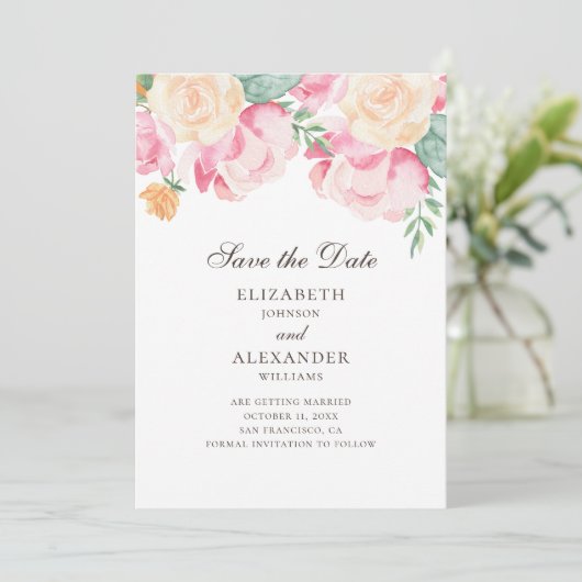 Blume in Aquarellfarbe, pfirsichfarben. Blumenhoch Save The Date (Stehend Vorderseite)