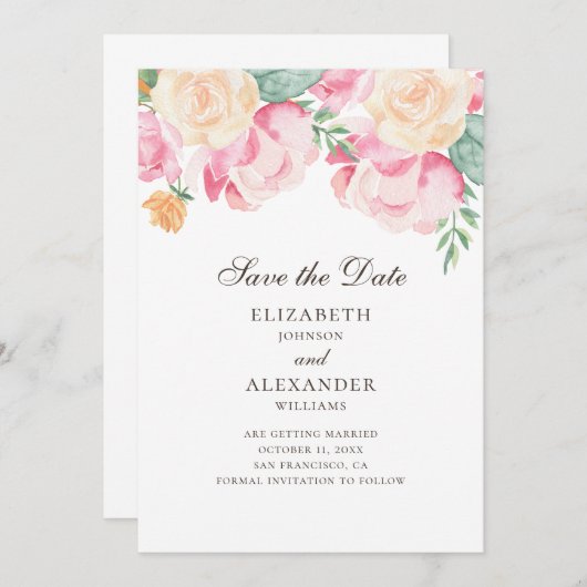 Blume in Aquarellfarbe, pfirsichfarben. Blumenhoch Save The Date (Vorne/Hinten)