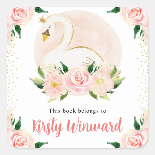 Blume in Aquarellfarbe Rosa und Swan-Buchzeichen Quadratischer Aufkleber (Vorderseite)