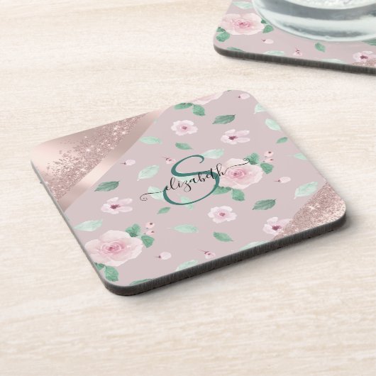 Blume in Aquarellfarben Rose Gold Monogramm Getränkeuntersetzer (Linke Seite)