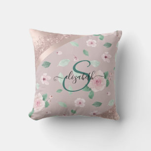 Blume in Aquarellfarben Rose Gold Monogramm Kissen