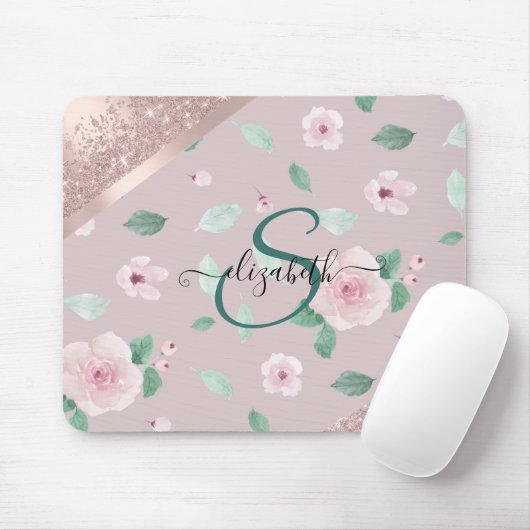 Blume in Aquarellfarben Rose Gold Monogramm Mousepad (Mit Mouse)
