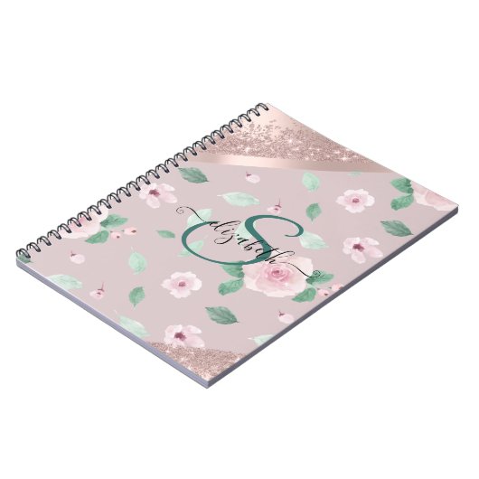 Blume in Aquarellfarben Rose Gold Monogramm Notizblock (Linke Seite)