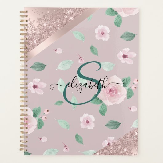Blume in Aquarellfarben Rose Gold Monogramm Planer (Vorderseite)