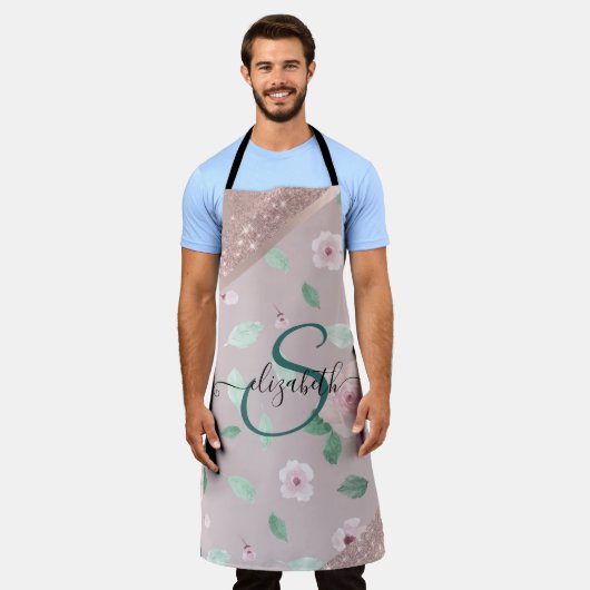 Blume in Aquarellfarben Rose Gold Monogramm Schürze (Getragen)