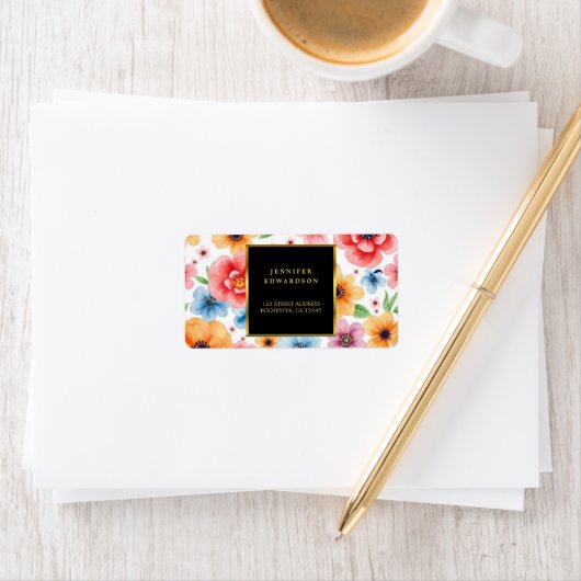 Blume in Aquarellfarben, schwarze Rücksendeadresse Adressaufkleber (Insitu)