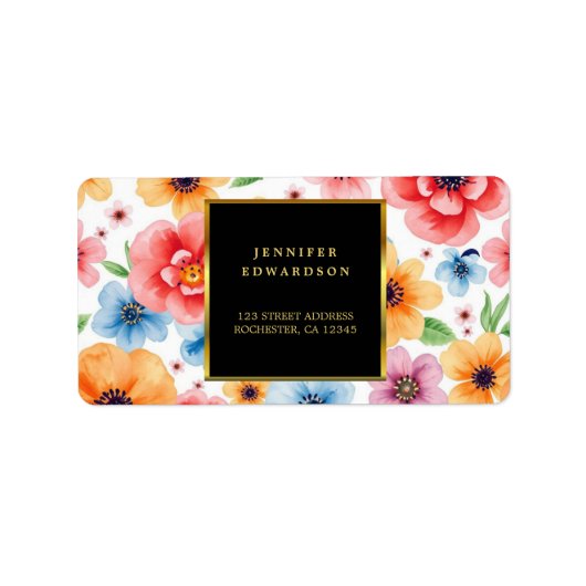 Blume in Aquarellfarben, schwarze Rücksendeadresse Adressaufkleber (Vorne)