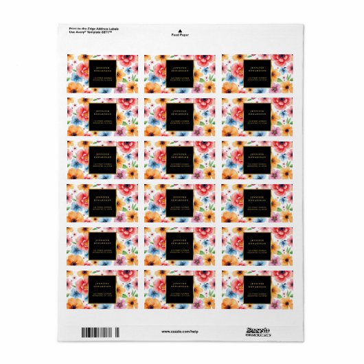 Blume in Aquarellfarben, schwarze Rücksendeadresse Adressaufkleber (Vorne)