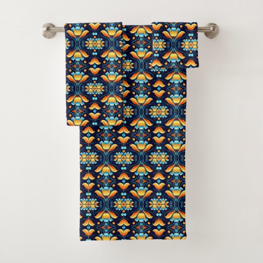 Blume in blau-orange Art Déco Badhandtuch Set (Insitu)