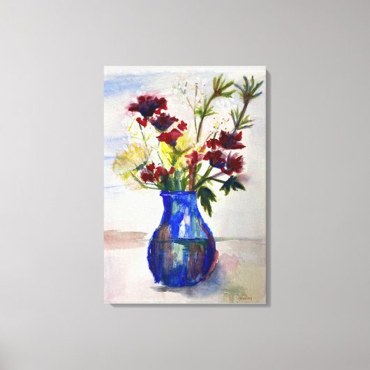 Blume in Blue Vase Leinwand Aquarelldruck (Vorderseite)