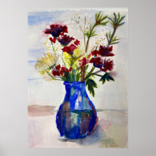 Blume in Blue Vase Wasserfarben Kunst drucken Poster