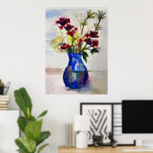 Blume in Blue Vase Wasserfarben Kunst drucken Poster (Heimbüro)