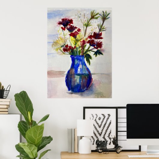 Blume in Blue Vase Wasserfarben Kunst drucken Poster (Heimbüro)