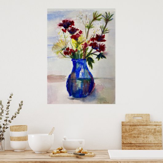 Blume in Blue Vase Wasserfarben Kunst drucken Poster (Küche)