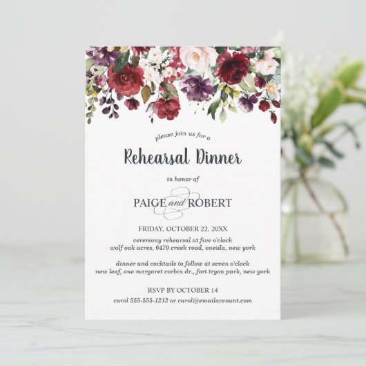 Blume in Burgund, Pflaume, Rosa Probe Abendessen Einladung (Stehend Vorderseite)