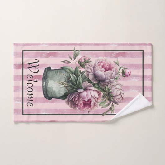 Blume in der Töpferei mit gestreiftem Hintergrund Badhandtuch Set (Handtuch)