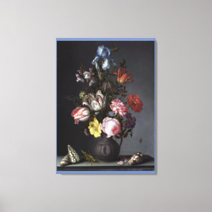 Blume in einer Vase mit Muscheln und Insekten Leinwanddruck