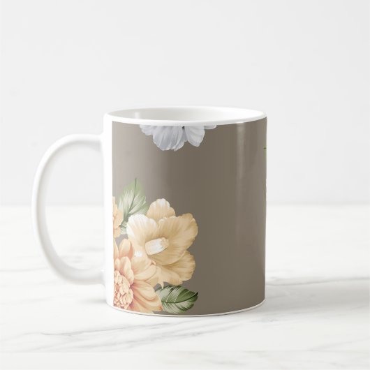 Blume in Grau und Creme mit Blätter Kaffeetasse (Links)