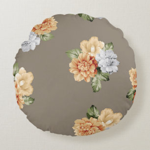 Blume in Grau und Creme mit Blätter Rundes Kissen
