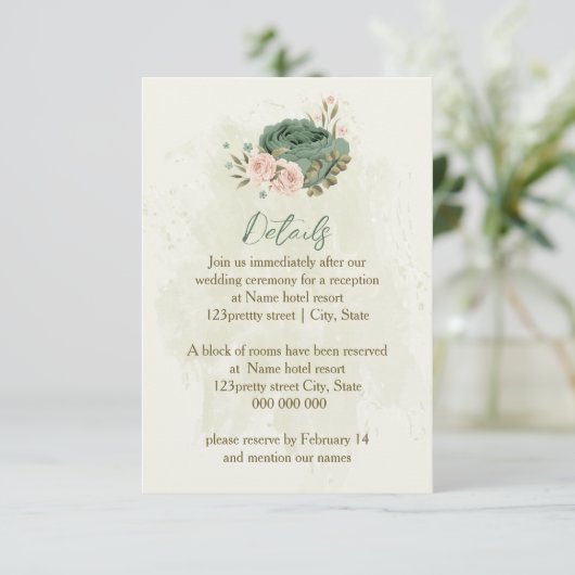 Blume in grün rot - Details zur Hochzeit Begleitkarte (Stehend Vorderseite)