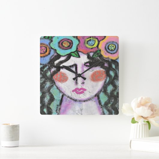 Blume in ihrem Haar Quadratische Wanduhr (Zuhause)