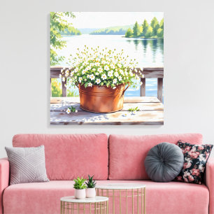 Blume in Kupfer-Topf am Lakehouse Deck Leinwanddruck