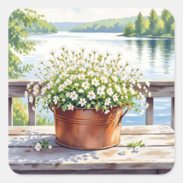 Blume in Kupfer-Topf am Lakehouse Deck Quadratischer Aufkleber
