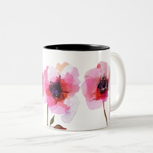 Blume in leuchtend rosa Aquarellfarbe Zweifarbige Tasse (VorderseiteRechts)