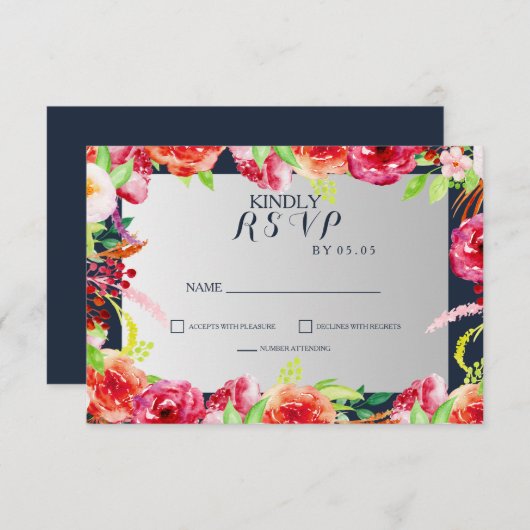 Blume in Marine und Silber RSVP Karte (Vorne/Hinten)