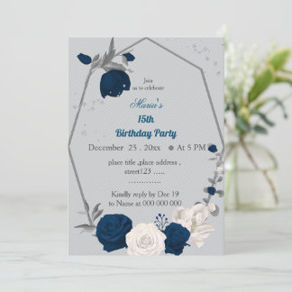 Blume in marineblau und weiß geometrisch einladung