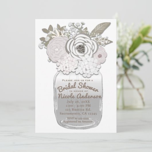 Blume in Mason Jar Rustikales Brautparty Blumenstr Einladung (Stehend Vorderseite)