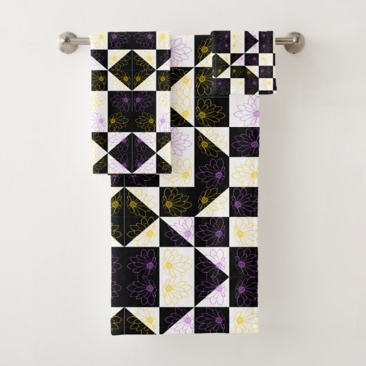 Blume in monochromen ästhetischen Schachbrettern Badhandtuch Set (Insitu)