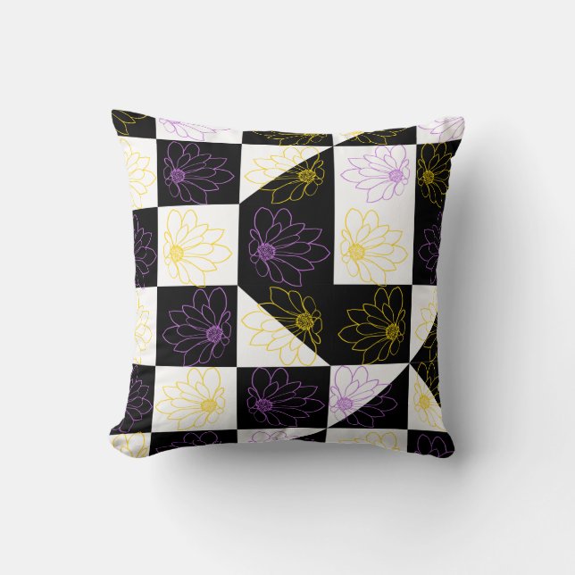 Blume in monochromen ästhetischen Schachbrettern Kissen (Vorderseite)