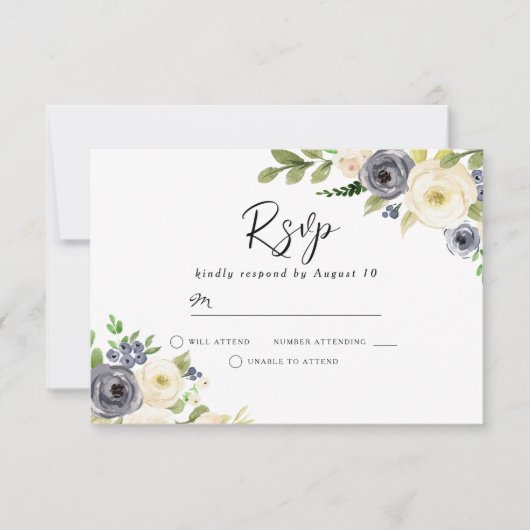 Blume in Navy und White Watercolor RSVP Karte (Vorderseite)