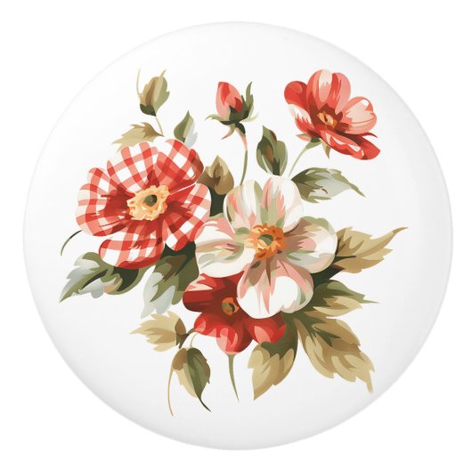 Blume in Red White Gingham Keramikknauf (Vorderseite)