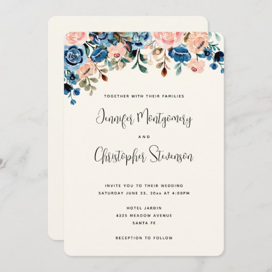 Blume in Rosa und Blau Einladung (Vorne/Hinten)