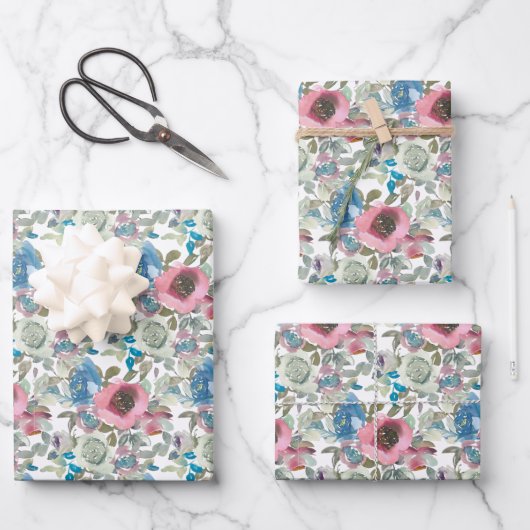 Blume in Rosa und Blau Geschenkpapier Set (Vorderseite)