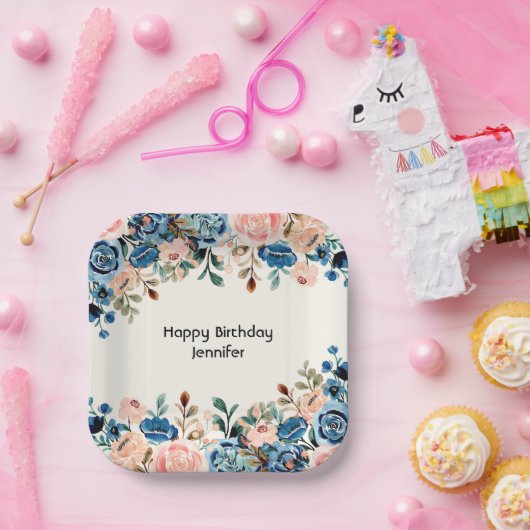 Blume in Rosa und Blau Pappteller (Party)