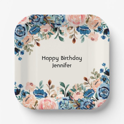 Blume in Rosa und Blau Pappteller (Vorderseite)