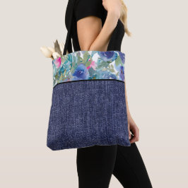 Blume in Rosa und Blau und Denim Tasche